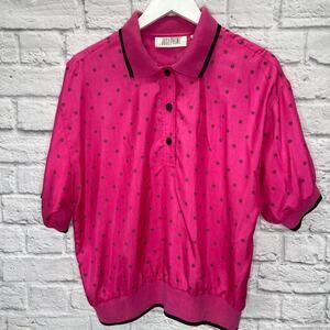 Vintage Josephine Womens Blouse Hot Pink Dot Banded Size L Collar Silky 90s